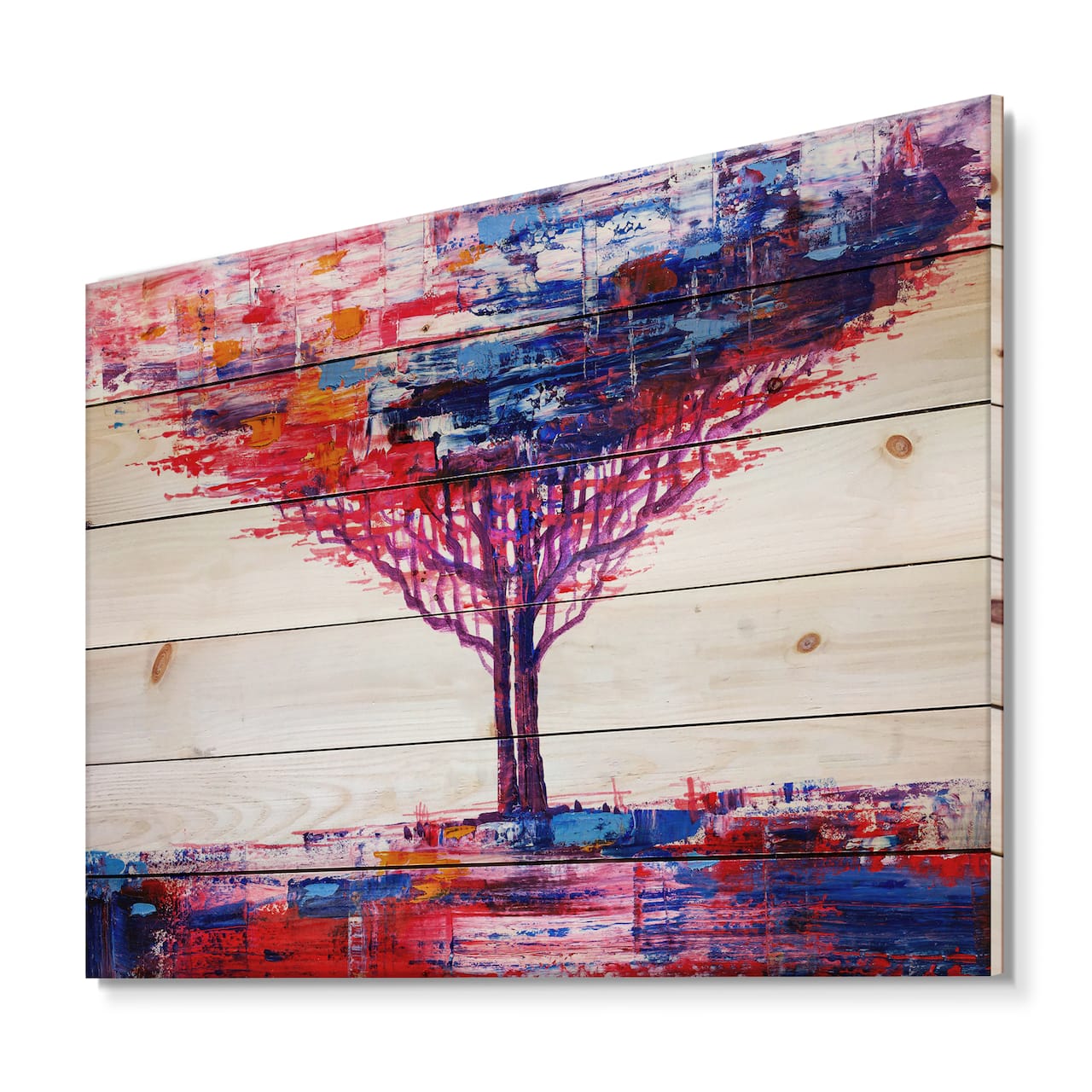 Designart - Colorful Abstract Tree Impressionist On A White - Modern Print on Natural Pine Wood